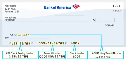 cheque de bank of american con el número de ruta
