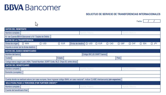 modelo de solicitud de transferencia internacional Bancomer